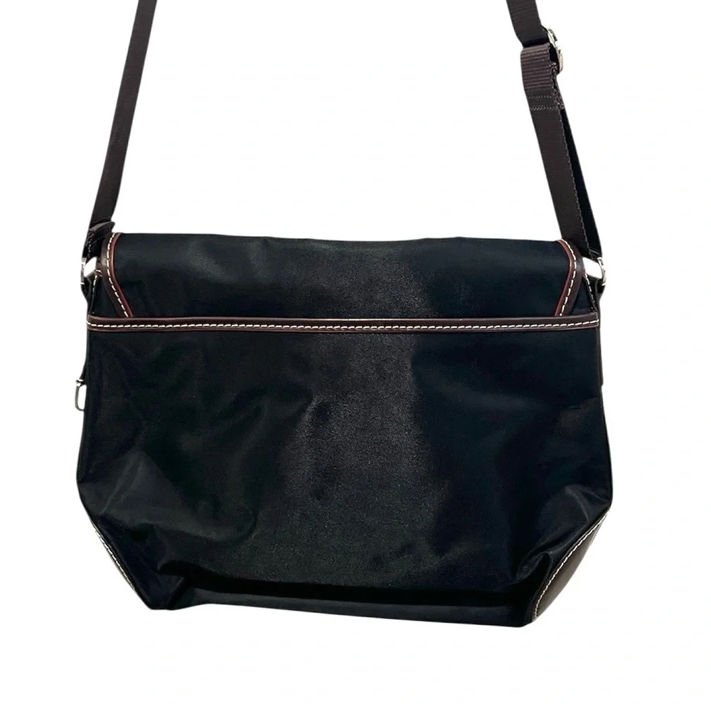 Lancel black nylon messenger crossbody bag with brown leather trim